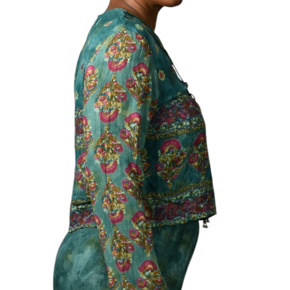 Vintage Carole Little Pant Suit Matching Set Green Teal Tassel Boxy Petite Small - Picture 5 of 16